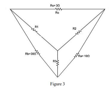 Covert the delta circuit to wye connection by determining the values of R1, R2 and R3 as shown in Figure 3 below
