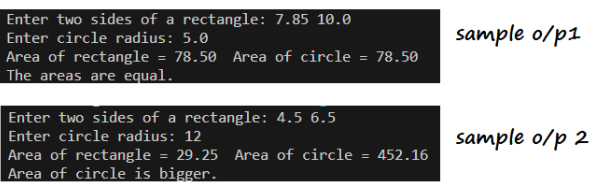 Write a C program that prompts user to enter 2 sides of a rectangle and the radius of a circle.